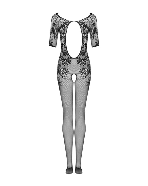 Schwarzes Bodystocking F238 aus Netz mit Blumenmotiv und Streifen von Obsessive – Ansicht 4
