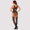 Schwarzes Bodystocking F239 als Teddy mit offenem Schritt und Netzstrümpfen von Obsessive – Ansicht 2