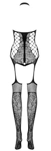 Schwarzer Catsuit ouvert F240 mit eingewebter Blüten-Optik von Obsessive – Ansicht 6