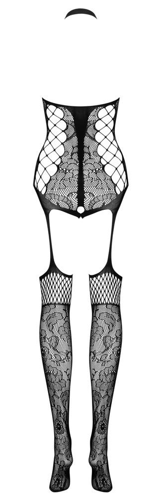Schwarzer Catsuit ouvert F240 mit eingewebter Blüten-Optik von Obsessive – Ansicht 6