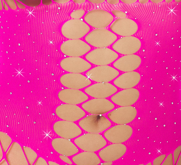 Pinkfarbener Langarm-Catsuit ouvert aus Netzmaschen mit Mieder-Optik und Strass von Fantasy by Cottelli – Ansicht 5