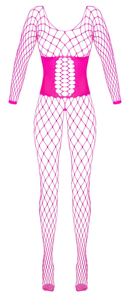 Pinkfarbener Langarm-Catsuit ouvert aus Netzmaschen mit Mieder-Optik und Strass von Fantasy by Cottelli – Ansicht 6