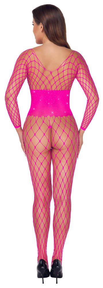 Pinkfarbener Langarm-Catsuit ouvert aus Netzmaschen mit Mieder-Optik und Strass von Fantasy by Cottelli – Ansicht 4