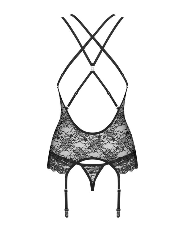 Schwarzes Set 860-COR-1 mit Strapshemd und String aus Blütenspitze von Obsessive – Ansicht 4