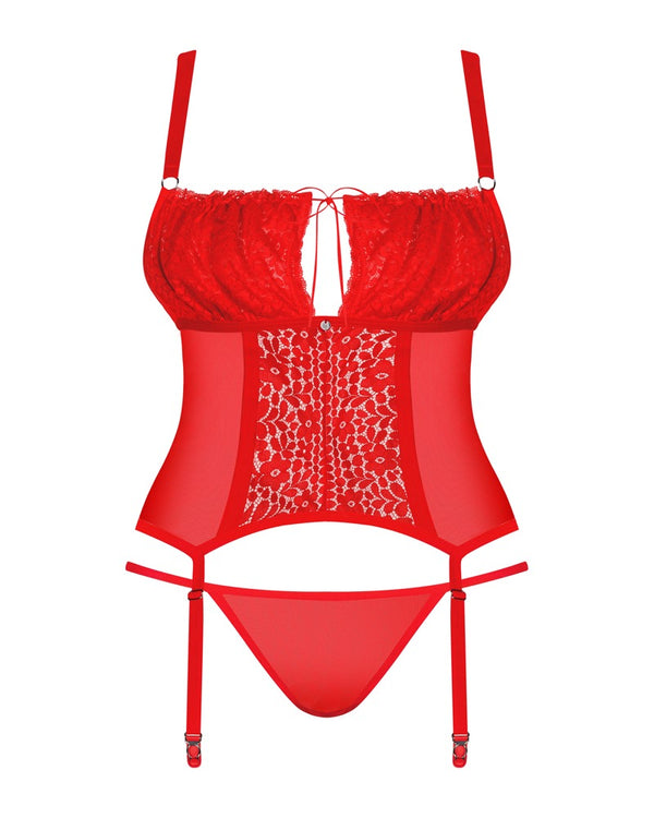 Rotes Korsett Blossmina mit Tanga und sinnlicher Rückenschnürung von Obsessive – Ansicht 3