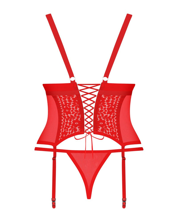 Rotes Korsett Blossmina mit Tanga und sinnlicher Rückenschnürung von Obsessive – Ansicht 4