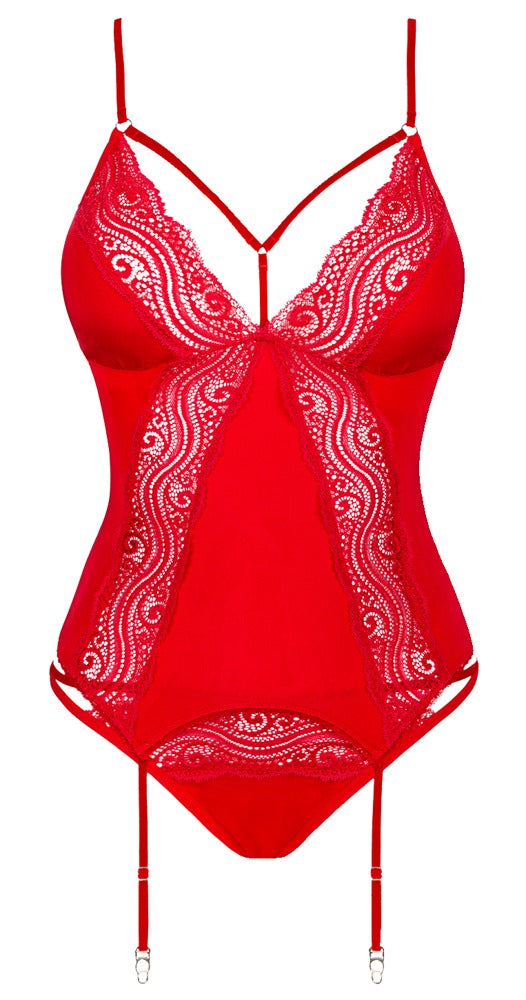 Rotes Set Diyosa mit Strapshemd und Slip und figurschmeichelnden Einsätzen von Obsessive – Ansicht 4