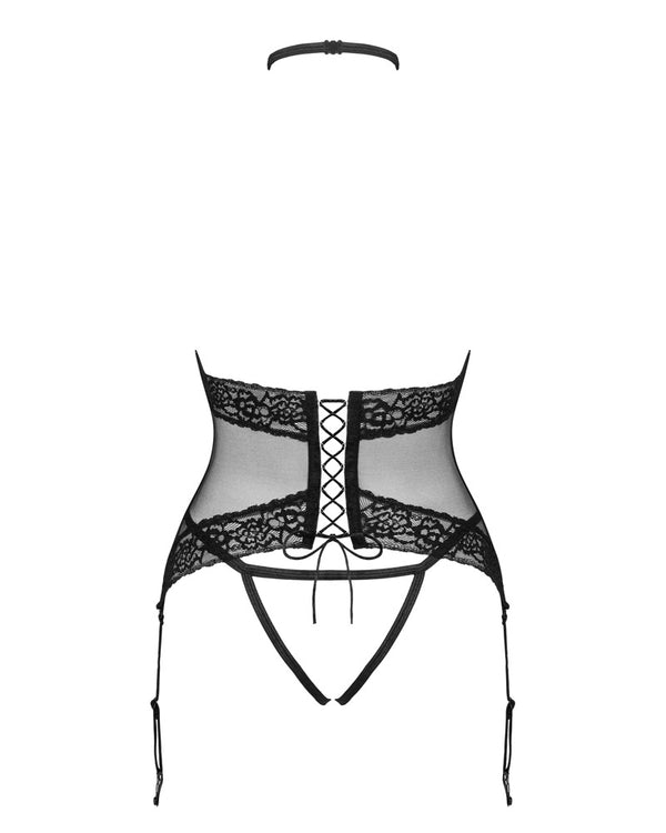 Schwarzes Lacrisia Korsett mit Tanga und geometrischem Muster von Obsessive – Ansicht 4