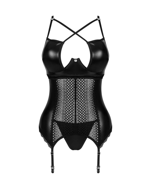 Schwarzes Set Norides mit Straps-Corsage und String im Wetlook von Obsessive – Ansicht 3