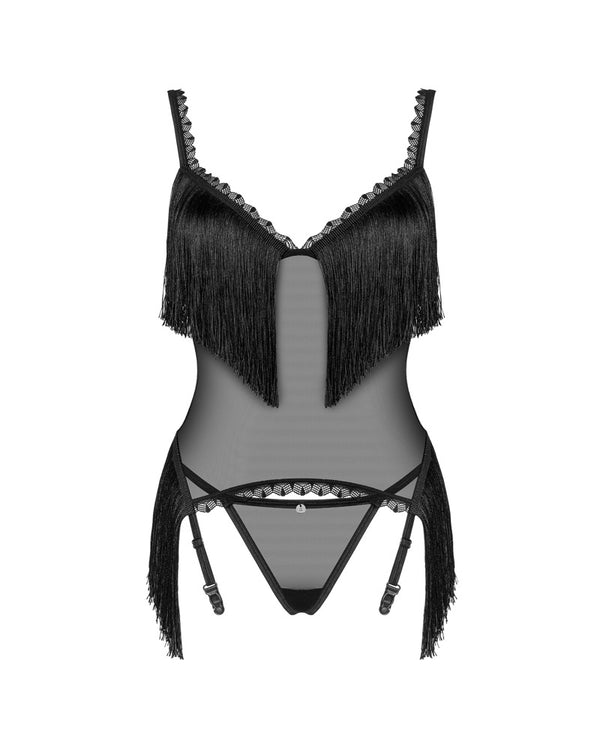 Schwarzes Set Sherila mit Strapshemd und String im Fransen-Look von Obsessive – Ansicht 3