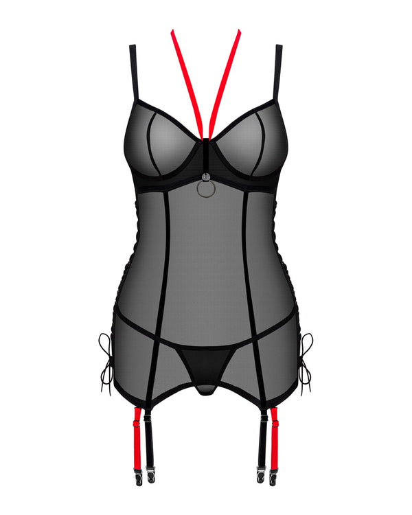 Schwarzes Set Glandez mit Straps-Corsage und String in feiner Transparenz von Obsessive – Ansicht 3