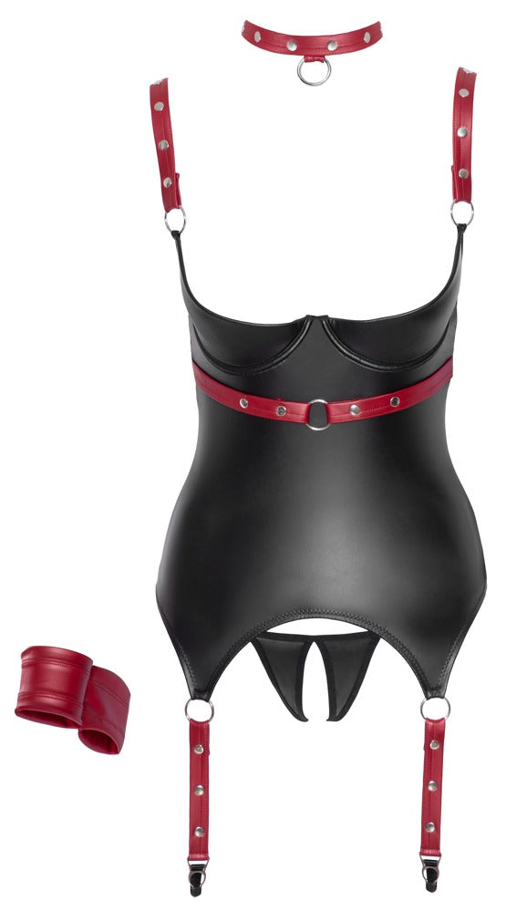 Schwarzes Ouvert-Set aus Strapshemd und String mit Halsband und Handfesseln von Cottelli BONDAGE – Ansicht 6