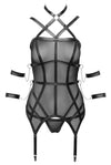 Schwarzes Set aus Strapshemd und String mit vier Armfesseln aus Powernet von Cottelli BONDAGE – Ansicht 6