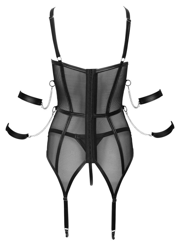 Schwarzes Set aus Strapshemd und String mit vier Armfesseln aus Powernet von Cottelli BONDAGE – Ansicht 7