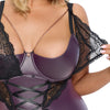 Dunkellila Set aus Strapshemd und String ouvert im Mattlook-Spitze-Mix in großen Größen von Cottelli – Ansicht 7