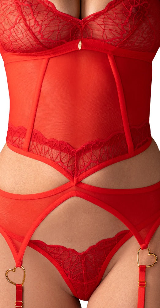 Rotes Set Cupide Desir mit Strapshemd und String und goldfarbenen Details von Obsessive – Ansicht 3