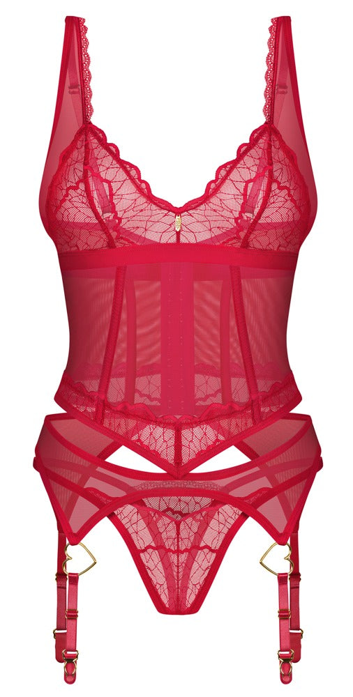 Rotes Set Cupide Desir mit Strapshemd und String und goldfarbenen Details von Obsessive – Ansicht 4