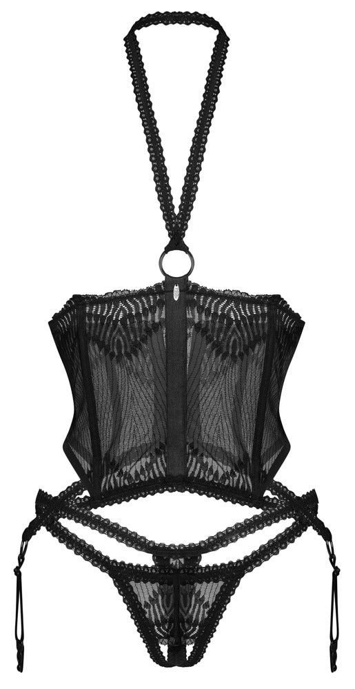 Schwarzes Set Alliane mit busenfreiem Strapshemd und String ouvert von Obsessive – Ansicht 5