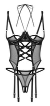 Schwarzes Set Dominna mit busenfreiem Strapshemd und String ouvert von Obsessive – Ansicht 3