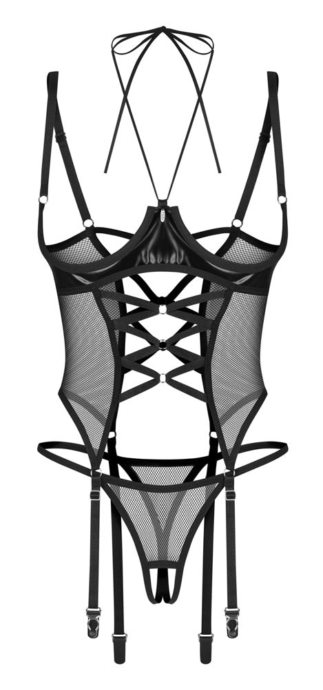 Schwarzes Set Dominna mit busenfreiem Strapshemd und String ouvert von Obsessive – Ansicht 3