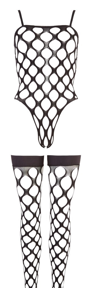 Schwarzes Rio-Body- und Strümpfe-Set aus Grobnetz von NO:XQSE – Ansicht 4