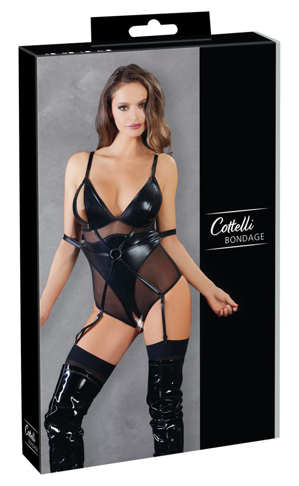 Schwarzer Body aus Wetlook und Powernet mit Ring und Zips von Cottelli BONDAGE