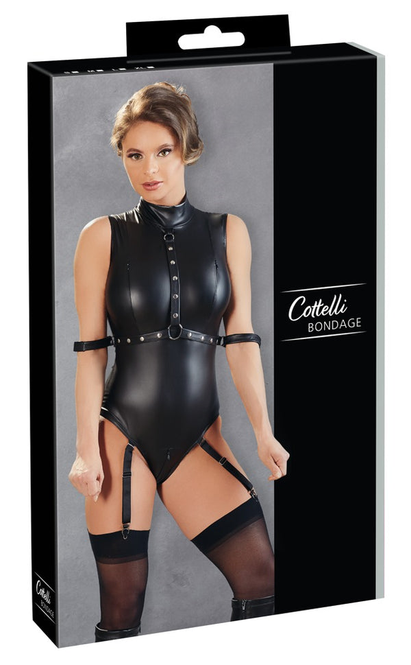Schwarzer Strapsbody im Mattlook mit Reißverschlüssen und Nieten von Cottelli BONDAGE