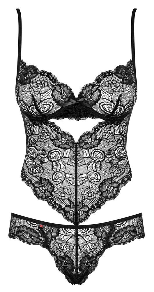 Schwarzer Stringbody Alluria aus Spitze mit Rücken-Schnürung von Obsessive – Ansicht 6