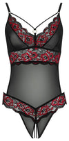 Schwarzer Body ouvert aus 2-farbiger floraler Spitze und Powernet von Cottelli – Ansicht 5