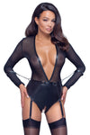 Schwarzer tief dekolletierter Straps-Body mit Powernet-Oberteil und offenem Slip von Cottelli BONDAGE – Ansicht 3