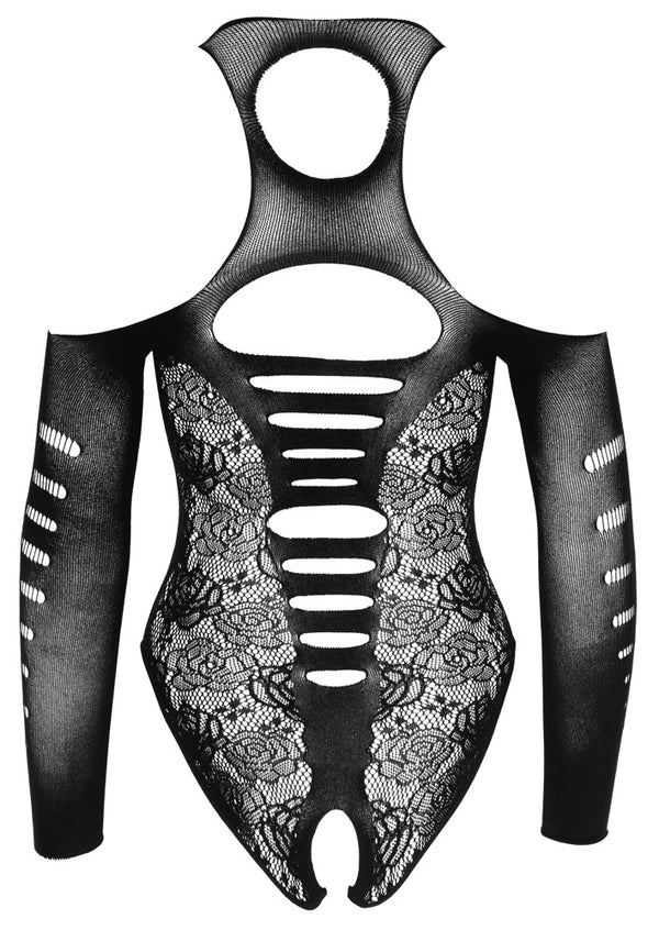 Schwarzer Body ouvert in Spitzenoptik mit Cut-outs und ¾-Arm von NO:XQSE – Ansicht 6