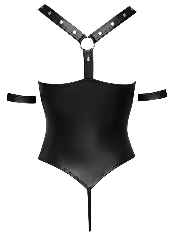 Schwarzer Stringbody ouvert im Mattlook mit Fesselriemen und Karabinerketten von Cottelli BONDAGE – Ansicht 7