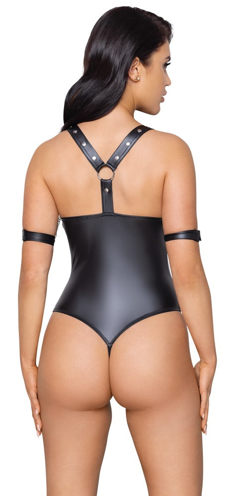 Schwarzer Stringbody ouvert im Mattlook mit Fesselriemen und Karabinerketten von Cottelli BONDAGE – Ansicht 5