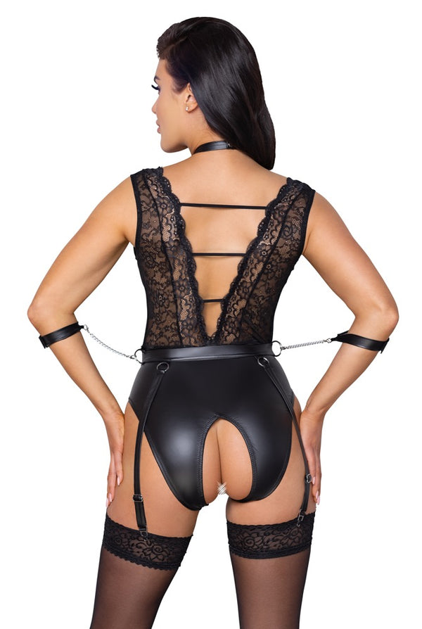 Schwarzer tief dekolletierter Strapsbody ouvert aus Spitze und Mattlook von Cottelli BONDAGE – Ansicht 4
