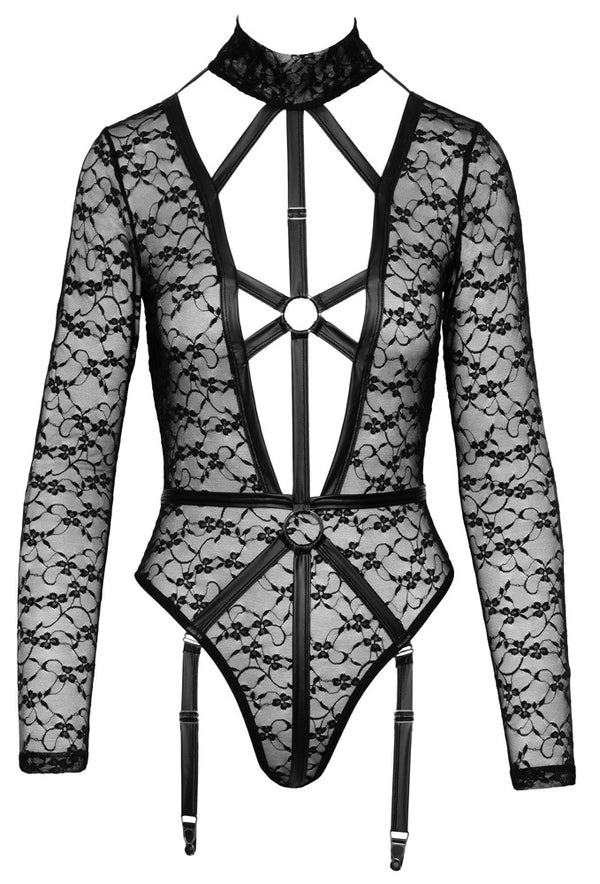 Schwarzer Langarm-Riobody aus Spitze in Harness-Optik von Cottelli – Ansicht 6
