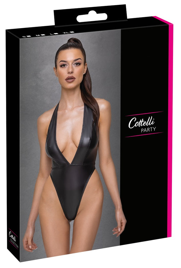 Schwarzer Riostring-Body im Mattlook mit tiefem Dekolleté und freiem Rücken von Cottelli PARTY