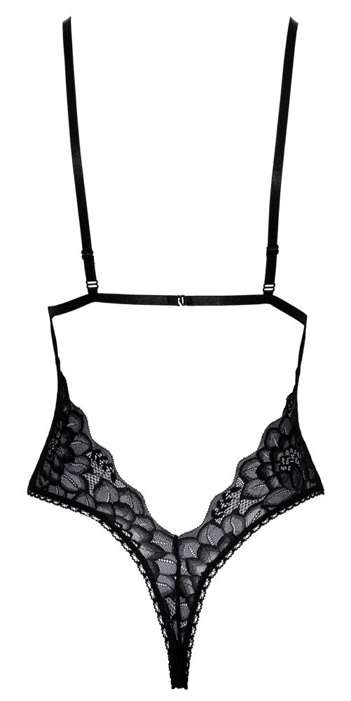 Schwarzer eleganter Spitzenbody mit aufregenden Dekolleté Stretchbändern von kissable – Ansicht 5