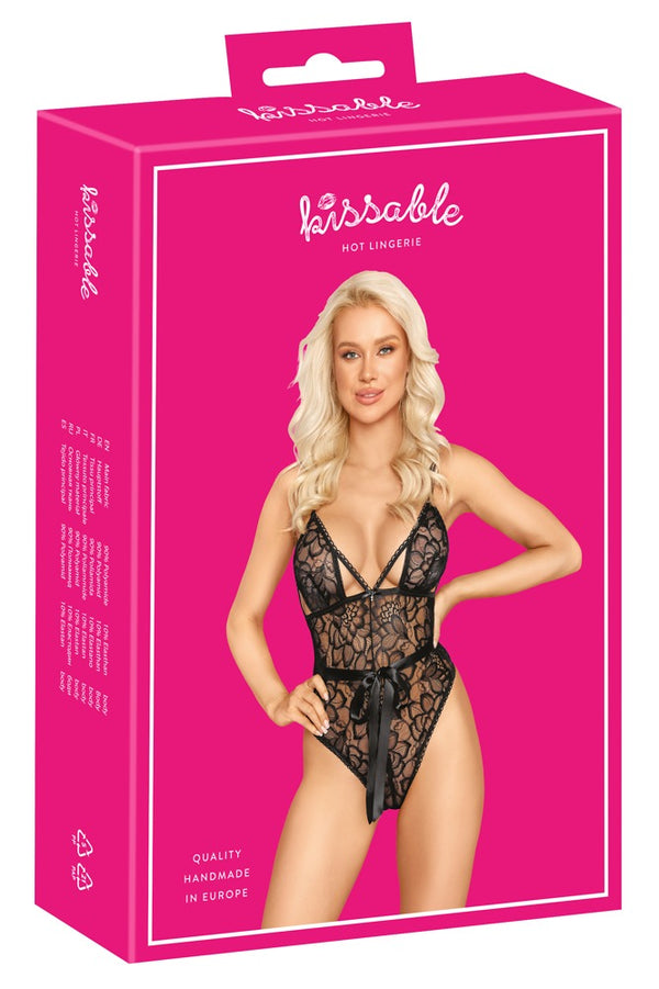 Schwarzer eleganter Spitzenbody mit aufregenden Dekolleté Stretchbändern von kissable
