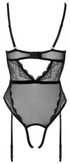 Schwarzer Stringbody aus Spitze und Powernet mit Samtband und tiefem Dekolleté von Cottelli – Ansicht 7