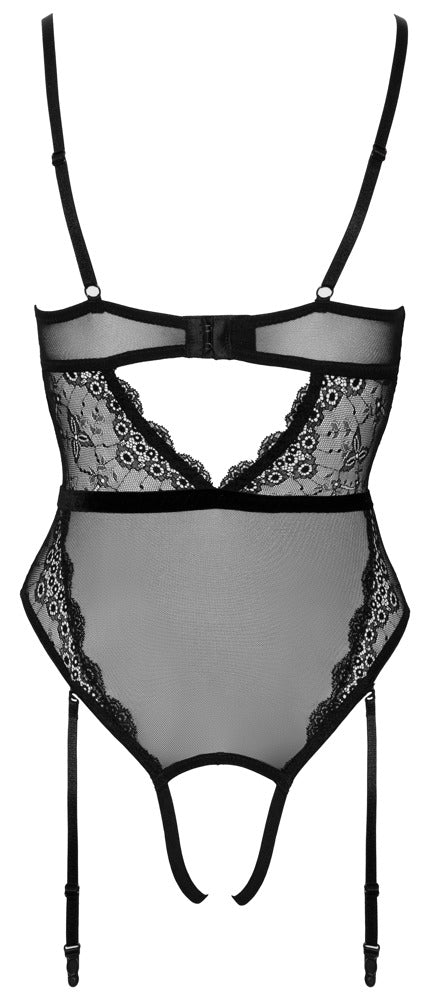 Schwarzer Stringbody aus Spitze und Powernet mit Samtband und tiefem Dekolleté von Cottelli – Ansicht 7