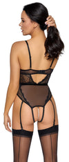 Schwarzer Stringbody aus Spitze und Powernet mit Samtband und tiefem Dekolleté von Cottelli – Ansicht 5