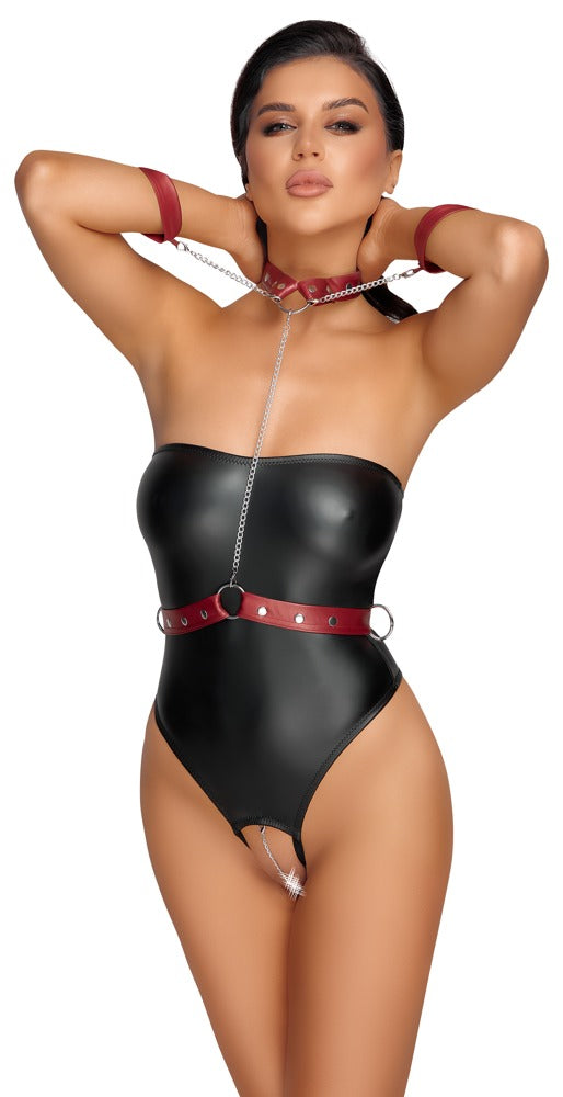 Schwarzer schulterfreier Stringbody ouvert mit abnehmbarem rotem Harness von Cottelli BONDAGE – Ansicht 2