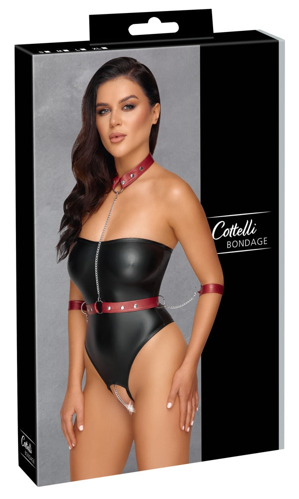 Schwarzer schulterfreier Stringbody ouvert mit abnehmbarem rotem Harness von Cottelli BONDAGE