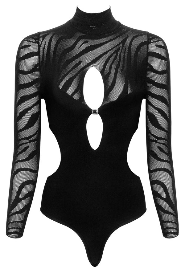 Schwarzer nahtloser Langarm-Body mit Streifenmuster, Cut-Outs und Strass von Fantasy by Cottelli – Ansicht 6