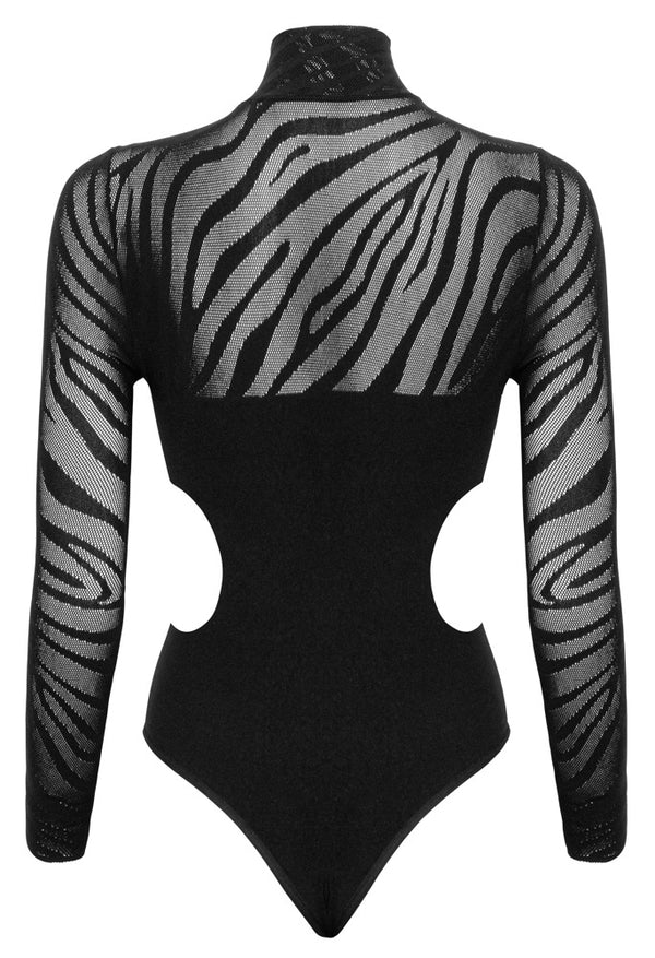 Schwarzer nahtloser Langarm-Body mit Streifenmuster, Cut-Outs und Strass von Fantasy by Cottelli – Ansicht 7