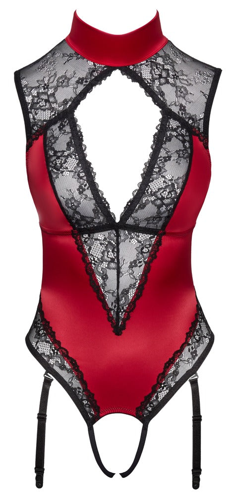 Roter Straps-Body ouvert aus Satin mit schwarzer Spitze und Satin-Halsband von Cottelli – Ansicht 8
