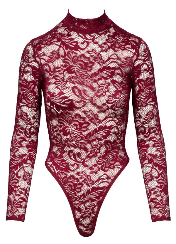 Bordeauxroter Langarm-Body aus Ornament-Spitze mit Stehkragen von Cottelli – Ansicht 5