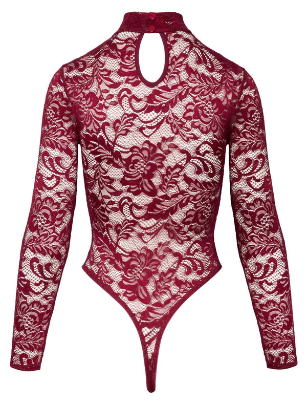 Bordeauxroter Langarm-Body aus Ornament-Spitze mit Stehkragen von Cottelli – Ansicht 6