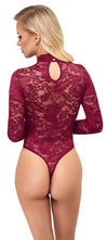 Bordeauxroter Langarm-Body aus Ornament-Spitze mit Stehkragen von Cottelli – Ansicht 4