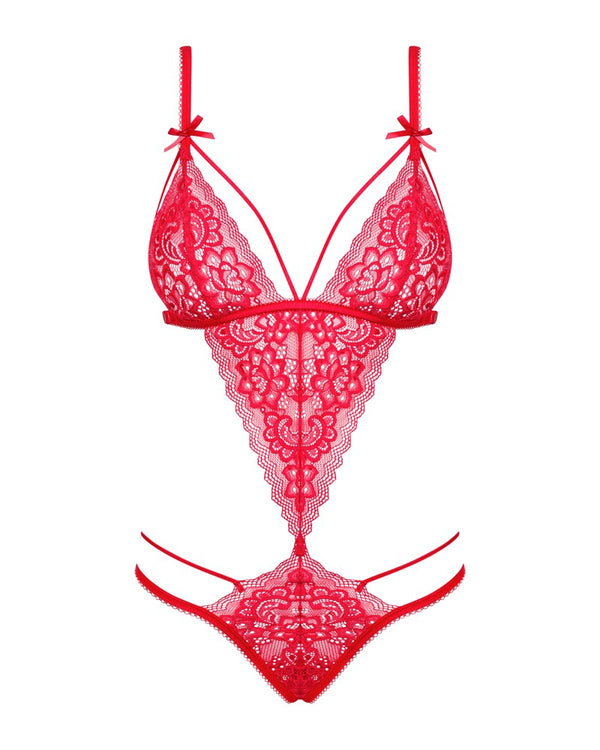 Roter Stringbody Lovlea aus elastischer Spitze mit Riemchen von Obsessive – Ansicht 3
